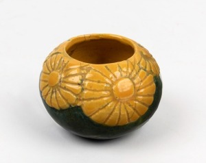 MARGUERITE MAHOOD green and yellow glazed spherical floral vase, A/F, incised "M. Mahood, D730", 4.5cm high, 6.5cm wide