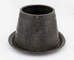 A silver plated pot adorned with a coat of arms, 19th century, 13cm high, 21.5cm diameter