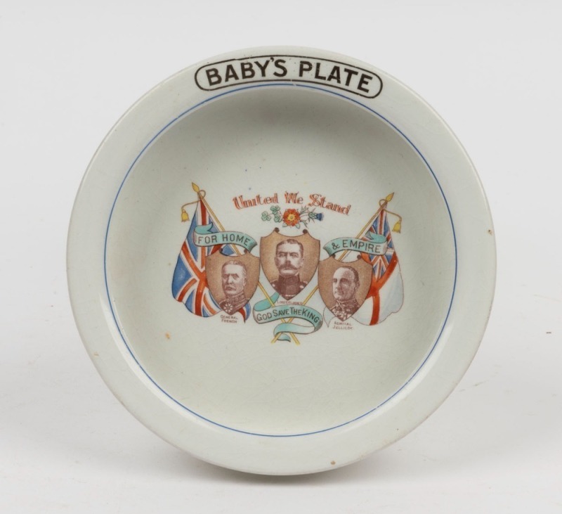 WW1 period "UNITED WE STAND, FOR HOME AND EMPIRE" porcelain baby plate by Grimwades of England, ​​​​​​​17cm diameter