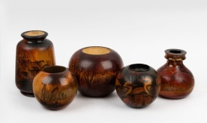Five Australian pokerwork and hand-painted vases, circa 1930, the largest 21cm high
