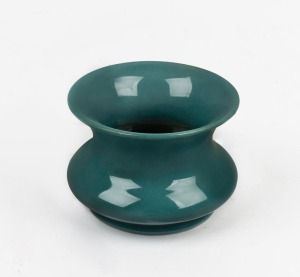 CRUFFEL green glazed porcelain vase, bearing original foil label to base, 6.5cm high, 9cm wide
