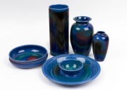 ARNAUD BARRAUD group of five pottery vases and bowls with blue and green glazes, stamped "A.B.", the largest 29cm high