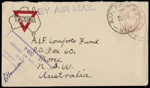 1941 (Nov.22) YMCA cover, Johore, Segamat - Moree NSW, with red "POSTAGE PAID / 25 CENTS / JOHORE" imprint, "A.I.F. FIELD P.O. No. 17" cds and purple boxed censor h/stamp. Endorsed on the reverse "... 2/30 Battalion..". Very fine.