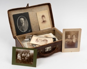 Antique photographs, an accumulation of mainly cabinet portraits, housed in a vintage leather case