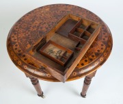 An unusual antique Australian circular table, profusely inlaid on all surfaces in Australian specimen timbers, the drawer attractively fitted for gaming, 19th century, ​​​​​​​79cm high, 77cm diameter - 3