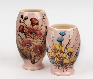 GUY BOYD two pink glazed pottery vases with wildflower decoration, incised "Guy Boyd", 15.5cm and 12cm high