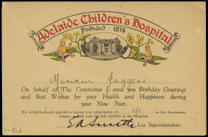 Adelaide Children's Hospital; well presented collection on annotated pages. With lapel badges (7) and a range of ephemera incl. bookmarks, cinderellas as singles and multiples, Easter Seals etc. Noted 1907 "The Commercial Travellers' Fancy Football Team p