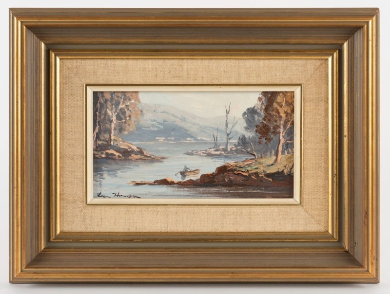 LEON HANSON (1918-2011), Goulburn River, Victoria, oil on board, signed lower left "Leon Hanson", 11 x 21cm, 29 x 39cm overall