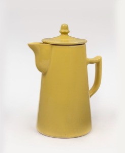 BENDIGO pottery chocolate pot with yellow glaze, circular factory stamp "Bendigo Pottery, Epsom", 21cm high
