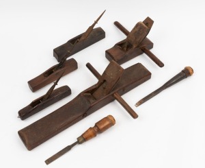 LOOEY WOON (Chinese cabinet maker, Melbourne), group of five wood planes (two stamped "LOOEY WOON"), and two chisels, (7 items),