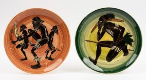 MARTIN BOYD pair of pottery plates decorated with aboriginal warriors, both incised "Martin Boyd, Australia", 26cm diameter