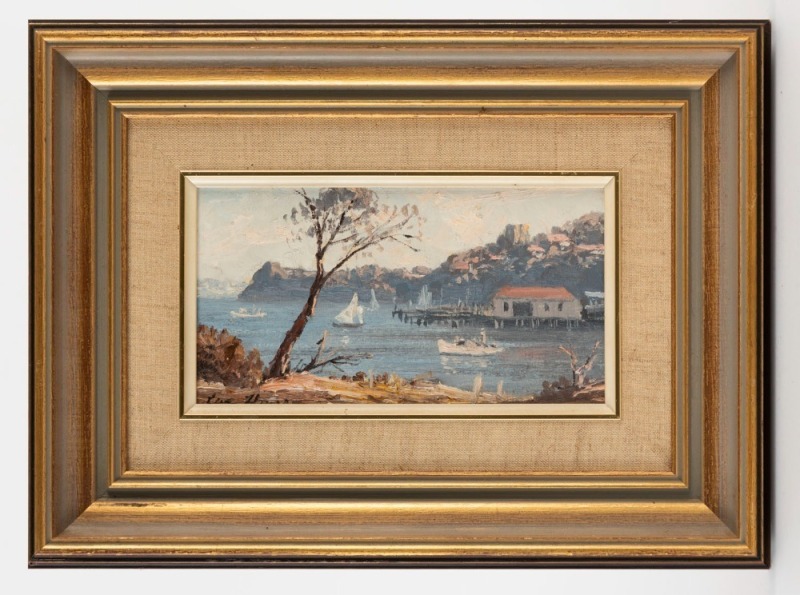 LEON HANSON (1918-2011), Mosman Bay, oil on board, signed lower left "Leon Hanson", catalogue page verso, ​​​​​​​11 x 22cm, 29 x 39cm overall