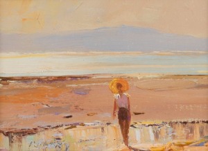 WILLIAM RUBERY BENNETT (1893-1987), (figure on a beach), oil on board, with hand-written letter from the artist attached verso, ​​​​​​​7.5 x 10.5cm, 25 x 30cm overall