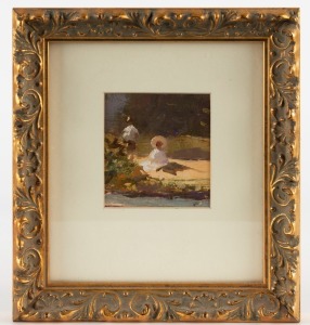 WILLIAM RUBERY BENNETT (1893-1987), (figure in landscape), oil on board, with hand-written letter from the artist attached verso, ​​​​​​​7.5 x 7cm, 20 x 18cm overall