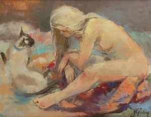 J. GRAY, (nude figure and Siamese cat), oil on board, signed lower right "J. Gray", 15 x 20cm, 40 x 43cm overall