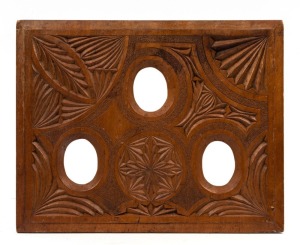 An antique Australian chip carved kauri pine triptych picture frame, signed verso "H.D.", early 20th century, 24 x 38cm