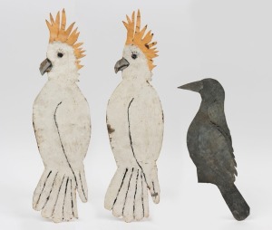 A pair of vintage cockatoo cut-outs and a magpie, painted tin, 19th/20th century, (3 items), the largest 52cm high