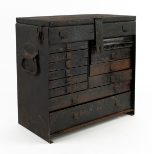 A depression era hand-made metal tool chest from an old pattern maker's factory in North Fitzroy, Melbourne. 36cm high, 36cm wide, 20cm deep