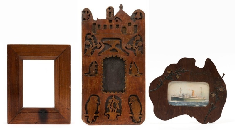 "AUSTRALIA" map picture frame with lithograph ship portrait of the S.S. Demosthenes; together with a folk art picture frame, and blackwood picture frame, 19th and 20th century, (3 items), the largest 46 x 24cm