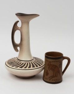 STUDIO ANNA pottery mug with aboriginal motif, together with an ELLIS pottery ewer, (2 items), ​​​​​​​11cm and 26.5cm high