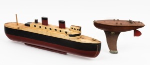 A scratch built model wooden steam boat, together with a vintage pond yacht, 20th century, 48cm and 22cm long
