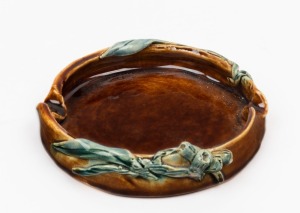 HARVEY SCHOOL pottery ashtray with applied gumnuts and leaves, glazed in brown and green, incised "V.A. CHAMPION", 11cm wide