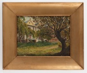 ARTIST UNKNOWN, (untitled garden view), oil on board, ​​​​​​​22 x 29cm, 36 x 43cm overall