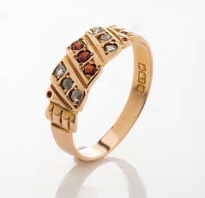 WILLIS & SONS antique 15ct gold ring, set with diamonds and red stones, 19th century, ​​​​​​​2.5 grams