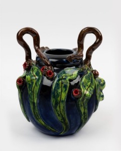 DAVID LYONS studio pottery vase with applied gumnuts, leaves and branches, glazed with cobalt blue coloured ground, incised "D.C. Lyons, VIC. Australia, 1/1" with oval impressed stamp. 19.5cm high