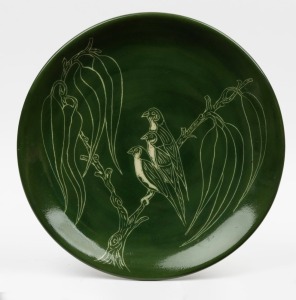 DAVID LYONS "Reynella Ware, Crimson Finch" studio pottery platter with green glaze, incised "D.C. Lyons, 30 Years Of Pottery, Crimson Finch, Australia", 31.5cm diameter