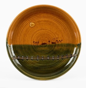 JOHN KEMETY pottery plate with landscape scene, signed "Kemety, Australia", ​​​​​​​30.5cm diameter