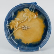 MURIEL FOOTE blue and yellow glazed pottery dish with applied grapes and leaves, incised "M.F.", ​​​​​​​18cm wide - 2