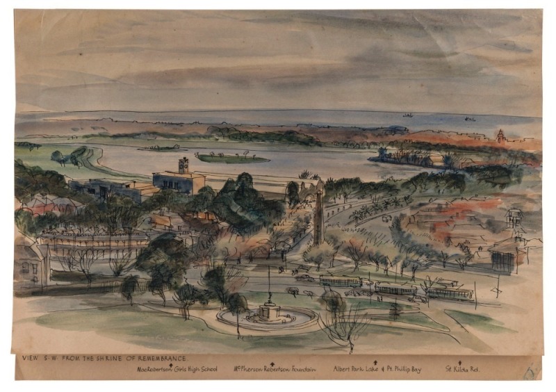 KENNETH JACK (1924-2006), View S.W. From The Shrine Of Remembrance, water colour and pen, with description key below, with CofA. verso 23 x 34cm