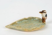 A.J. REAY pottery kookaburra ornament, incised "A.J. Reay, ​​​​​​​Bribie Island", ​​​​​​​5cm high, 12cm wide - 2