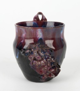 ALICE art pottery wall vase glazed in purple and red, with applied decoration, incised "Alice", 10cm high
