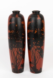 A pair of poker work hand-painted huon pine vases, circa 1920s, 33cm high