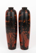 A pair of poker work hand-painted huon pine vases, circa 1920s, ​​​​​​​33cm high