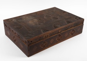 An antique Australian kauri pine chip carved box, circa 1900, 13.5cm high, 55.5cm wide, 36.5cm deep