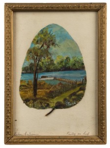 A framed hand-painted gumleaf "Lakes Entrance", early 20th century, signed lower right "E. PARK", 32 x 23cm overall