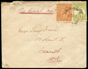 19 Dec.1921 (AAMC.57b) Broome - Perth cover, carried by Brearley & Kingsford Smith by air only as far as Cape Latouche, approximately 100kms south of Broome, where engine trouble forced them to land on the beach. A very scarce cover; minor opening faults 