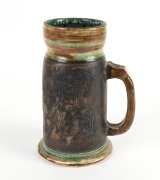 DAVID & HERMIA BOYD exhibition pottery tankard with sgraffito medieval figures on horseback, incised "David + Hermia Boyd, England", ​​​​​​​18cm high - 2