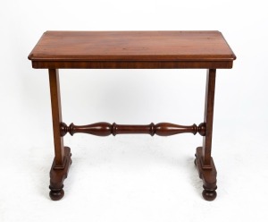 A Colonial cedar sofa table with turned stretcher base and pedestal ends, New South Wales origin, circa 1850, ​​​​​​​76cm high, 91cm wide, 43cm deep