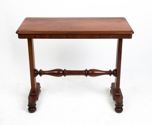 A Colonial cedar sofa table with turned stretcher base and pedestal ends, New South Wales origin, circa 1850, 76cm high, 91cm wide, 43cm deep