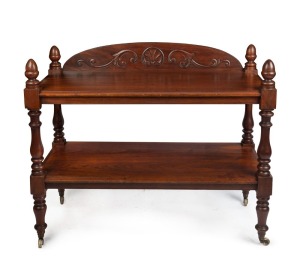 A Colonial cedar dumb waiter with carved back and acorn finials, South Australian origin, circa 1855, 101cm high, 121cm wide, 55cm deep