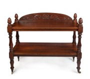 A Colonial cedar dumb waiter with carved back and acorn finials, South Australian origin, circa 1855, ​​​​​​​101cm high, 121cm wide, 55cm deep