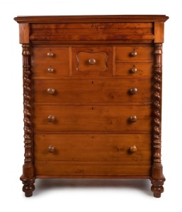 An antique Australian huon pine chest of eight drawers with full barley twist columns, circa 1880, 152cm high, 121cm wide, 59cm deep