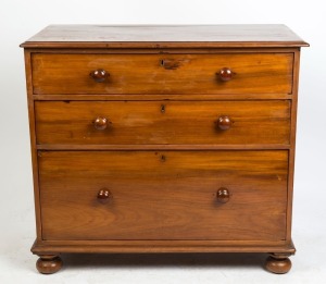 An antique Australian cedar three drawer chest with unusual drawer configuration, New South Wales origin, early to mid 19th century, ​​​​​​​86cm high, 97cm wide, 49cm deep