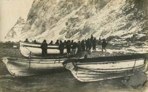 FRANK HURLEY (1885 - 1962) "We pulled the three boats a little higher on the beach" [the James Caird, the Dudley Docker and the Stancomb Wills, the day after the first landing on Elephant Island, Shackleton Expedition, 15 April 1916], silver gelatin photo