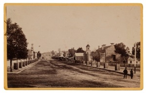 JAMES E. BRAY, Photographer, BEECHWORTH, VICTORIA A group of eight (8) original carte-de-visite size albumen prints laid-down on Bray cards, each titled in manuscript, including "Ford St", "Lunatic Asylum", "View of Beechworth from Kerferd St", etc.; also