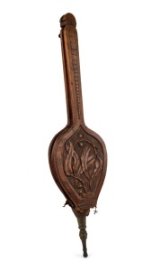 Australian fire bellows with carved gumnuts and leaves, 19th/20th century, 92cm long